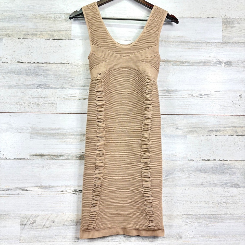 AURA Women's Textured Knit Sleeveless‎ Bodycon Dress L/XL Tan Ribbed Ruched